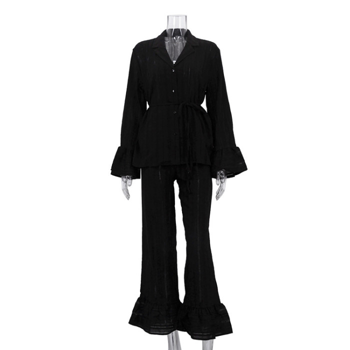 Cotton Women Two Piece Set Elegant Chic Long Sleeve Shirt Ruffle Pants Loose Outfits Loungewear Pajamas Set Homewear Sleepwear
