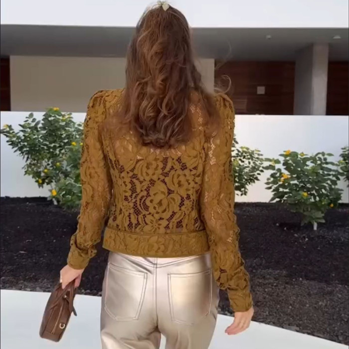 Sexy Lace Hollow Out Shirt for Women Elegant Long Sleeve Shrug Stand Collar Office Lady Vintage French See Through Blouse Top
