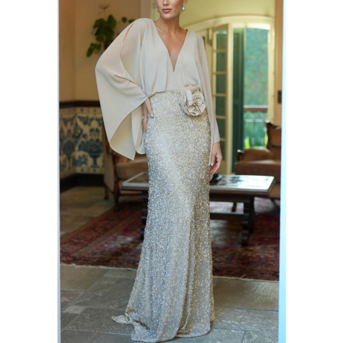 Sexy Women Sequins Party Mermaid Long Dress Elegant Apricot Floral Batwing Sleeve V Neck Guest Wedding Evening Dress Prom Gown
