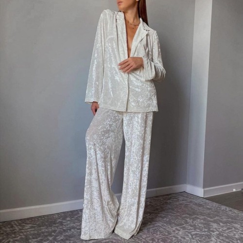 Luxury Women Pajamas Two Piece Set Elegant Long Sleeve Lapel Shirt Wide Leg Pants Set Autumn Winter Outfits