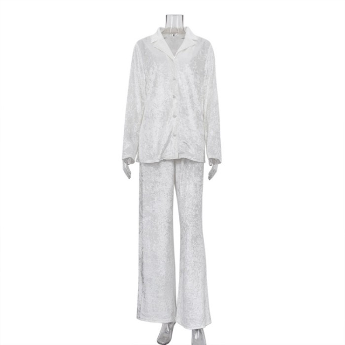 Luxury Women Pajamas Two Piece Set Elegant Long Sleeve Lapel Shirt Wide Leg Pants Set Autumn Winter Outfits