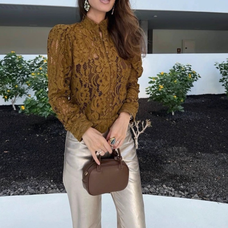 Sexy Lace Hollow Out Shirt for Women Elegant Long Sleeve Shrug Stand Collar Office Lady Vintage French See Through Blouse Top