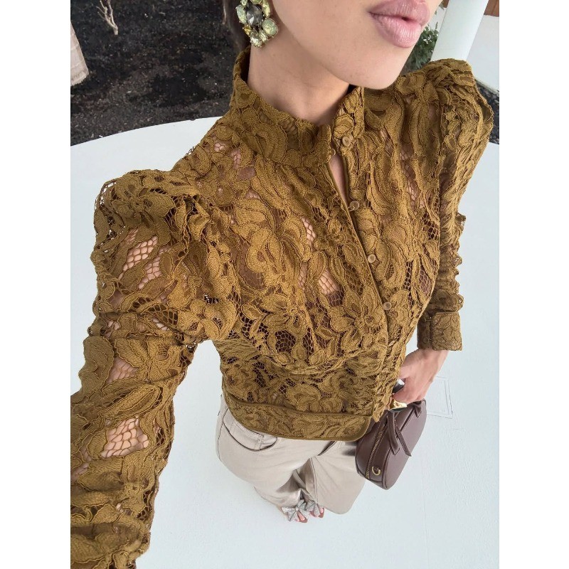 Sexy Lace Hollow Out Shirt for Women Elegant Long Sleeve Shrug Stand Collar Office Lady Vintage French See Through Blouse Top