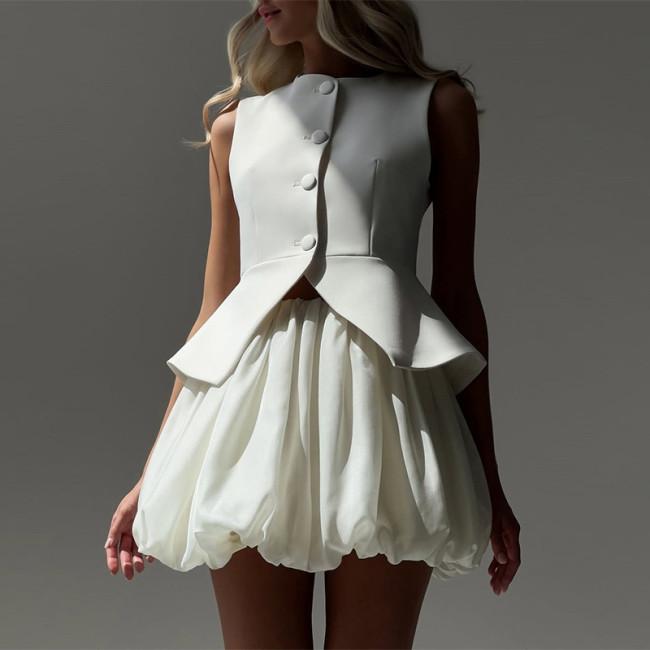 Skirt Two Piece Set for Women Elegant Chic Slim Sleeveless Button Vest + Pleated Mini Bud Skirt Set Office Lady Fashion Outfits