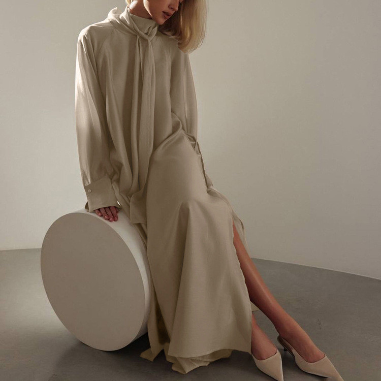 Elegant Women Silk Loose Guest Long Dress Chic Autumn Spring Modest Long Sleeve Stand Collar Lace Up Slit Shirt A-line Dress