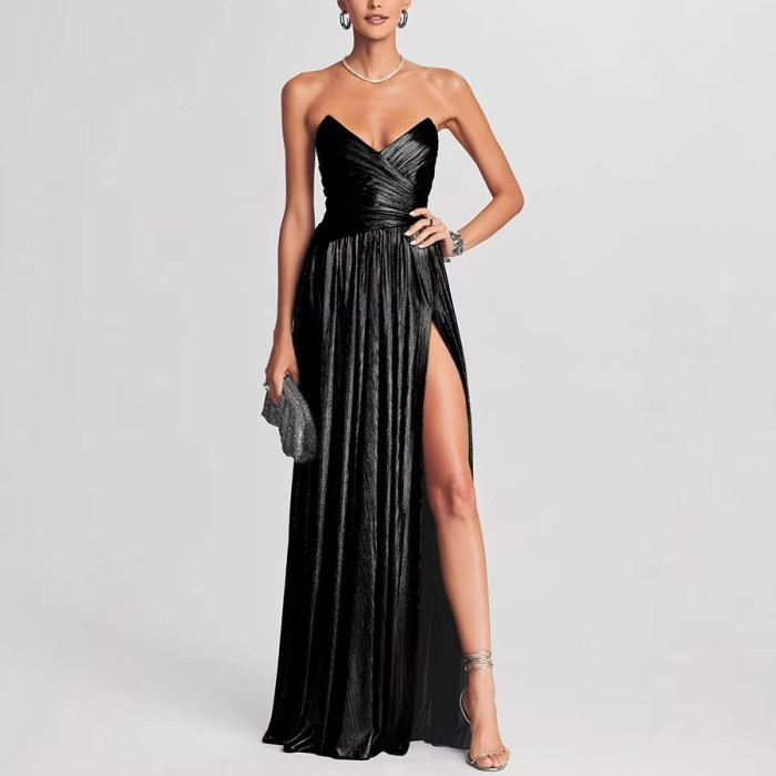 Luxury Women Corset Evening Cocktail Dress Elegant Metallic Off Shoulder V Neck Folds Slit Gala Graduation Long Dress Prom Gown