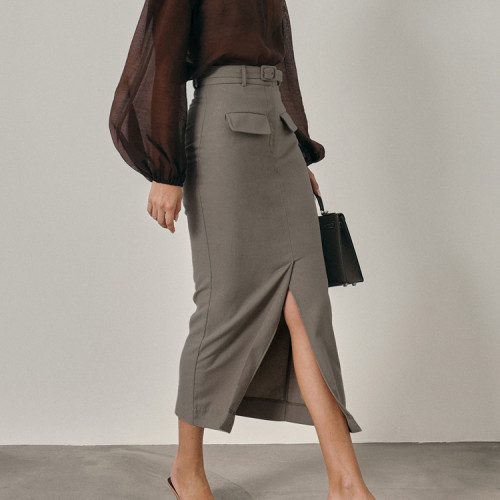 Autumn Winter Women Bodycon Long Skirt Elegant Chic Office Lady Pocket High Waist Solid Slit Slim Pencil Skirt