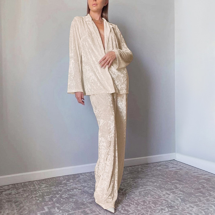 Luxury Women Pajamas Two Piece Set Elegant Long Sleeve Lapel Shirt Wide Leg Pants Set Autumn Winter Outfits