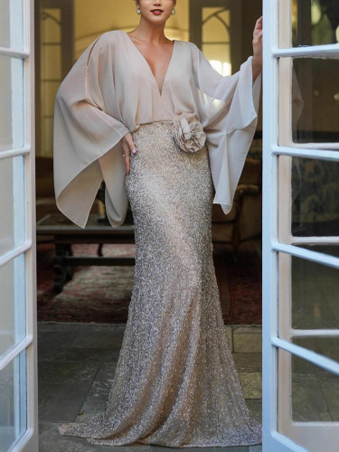 Sexy Women Sequins Party Mermaid Long Dress Elegant Apricot Floral Batwing Sleeve V Neck Guest Wedding Evening Dress Prom Gown