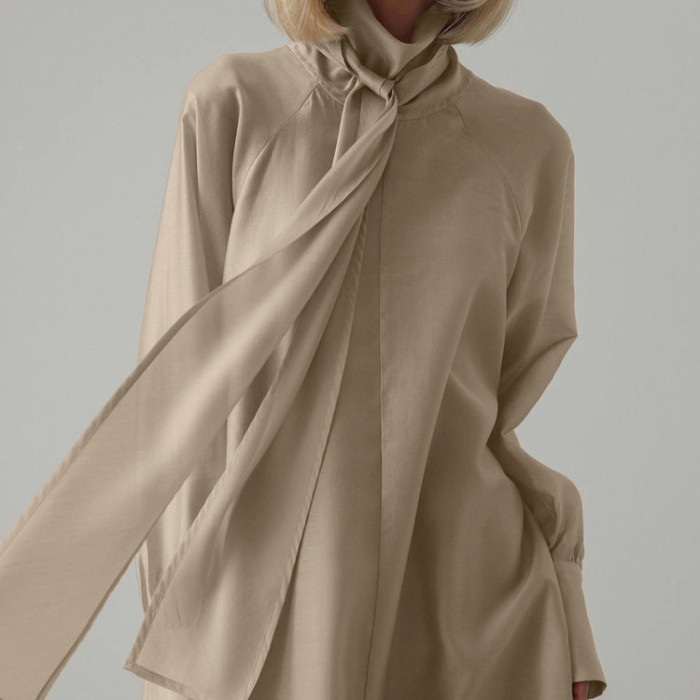 Elegant Women Silk Loose Guest Long Dress Chic Autumn Spring Modest Long Sleeve Stand Collar Lace Up Slit Shirt A-line Dress