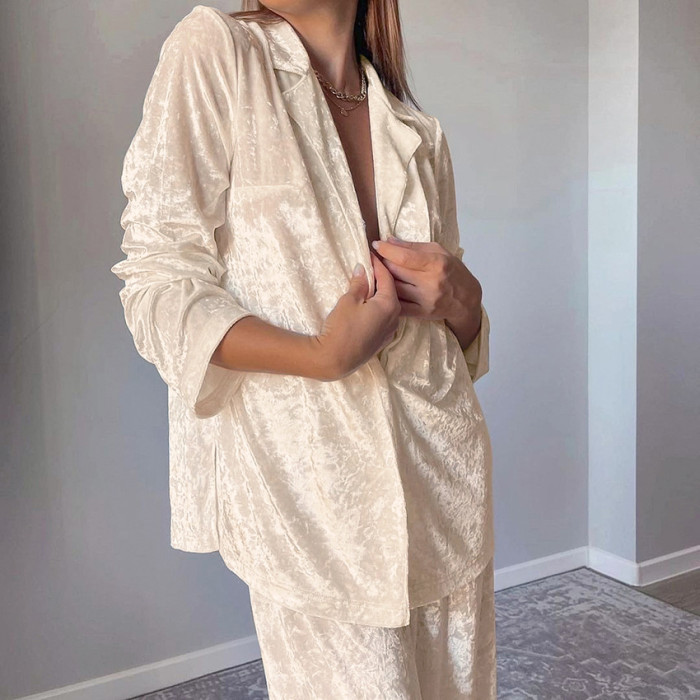 Luxury Women Pajamas Two Piece Set Elegant Long Sleeve Lapel Shirt Wide Leg Pants Set Autumn Winter Outfits