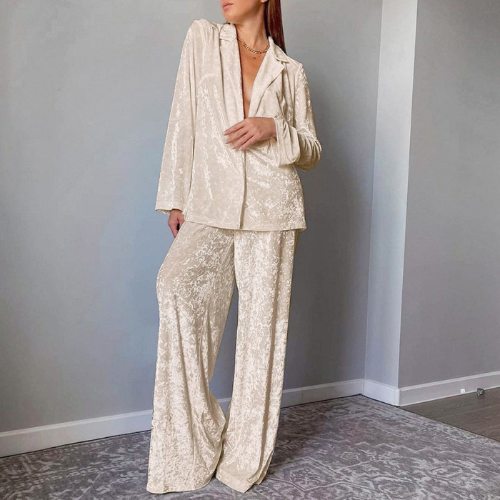 Luxury Women Pajamas Two Piece Set Elegant Long Sleeve Lapel Shirt Wide Leg Pants Set Autumn Winter Outfits