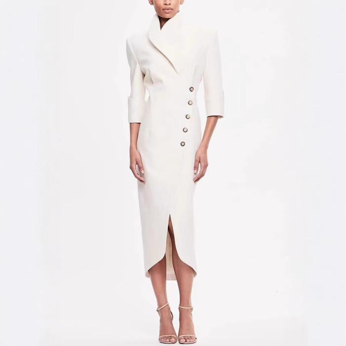 Slim Blazer Dress for Women Autumn Elegant Chic Office Lady Corset Button Notched Party Bodycon Irregular Suit Dress Split Robe