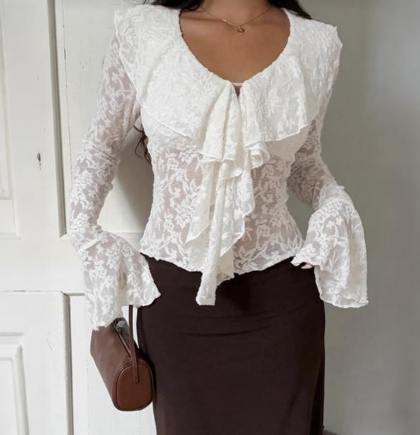 White Lace Hollow Out Ruffle Flared Sleeve Shirt ✨