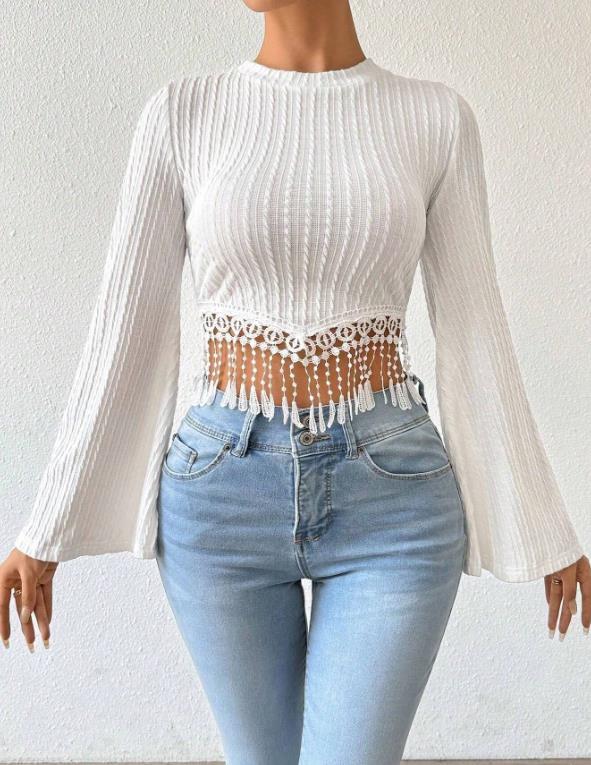 🧶 Tassel Flared Sleeve Slim Crop Top