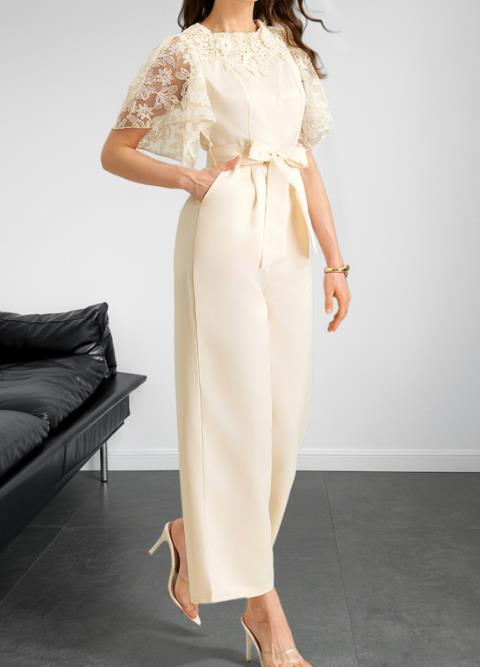 Patchwork Lace High Waist Wide Leg Commuting Jumpsuit ✨
