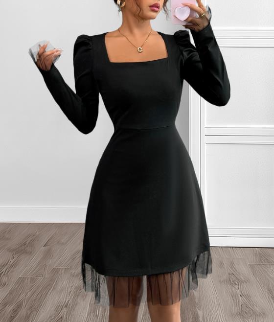 Autumn Square Neck Mesh Splicing A-Line Dress ✨
