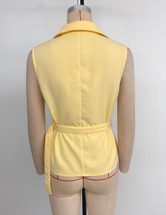 Summer Minimalist Yellow Sleeveless Waist-Cinched Blouse ✨