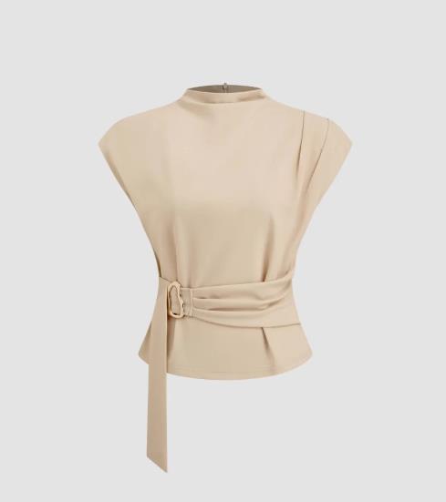 Minimalist Beige Waist Cinched Button Blouse ✨