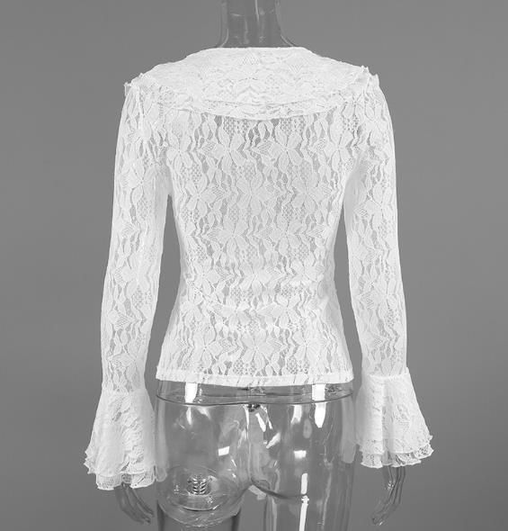 Female Fashion Sexy Slimming Tops Spring New Luxury Top Lace Knitted Perspective Hollow Out Long Sleeve T-Shirt for Women