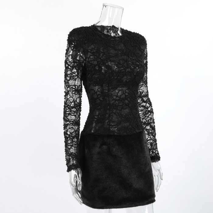 Elegant Black Sexy Lace Knit Slimming Long Sleeve Dress for Women Spring New Style Temperament Female Fashion Nightclub Dresses