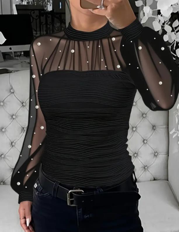 New! Pearl Mesh Splicing Long Sleeve Blouse for Spring & Autumn ✨