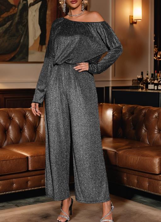 Temperament Sparkling Glitter Slant Shoulder Evening Jumpsuit ✨