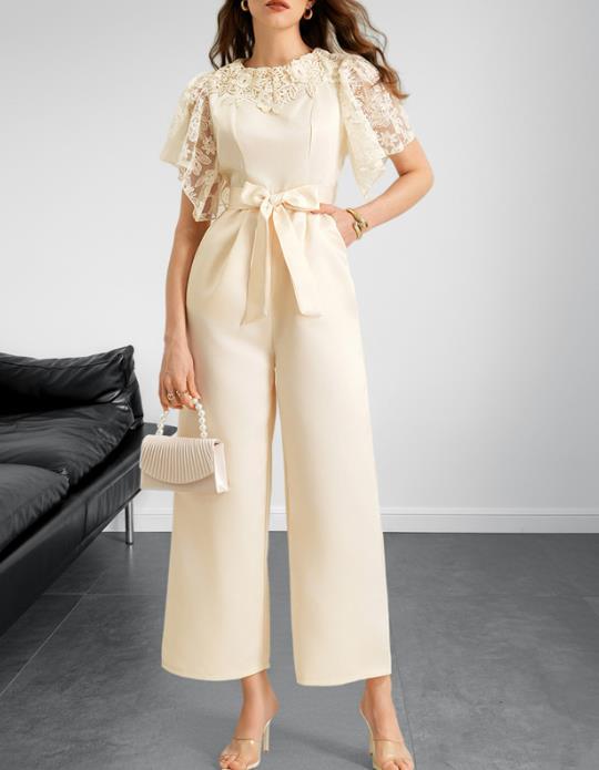 Patchwork Lace High Waist Wide Leg Commuting Jumpsuit ✨