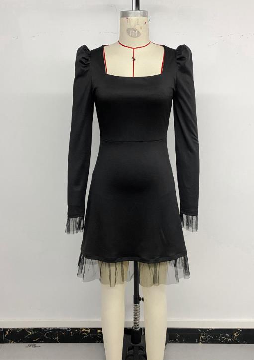 Autumn Square Neck Mesh Splicing A-Line Dress ✨