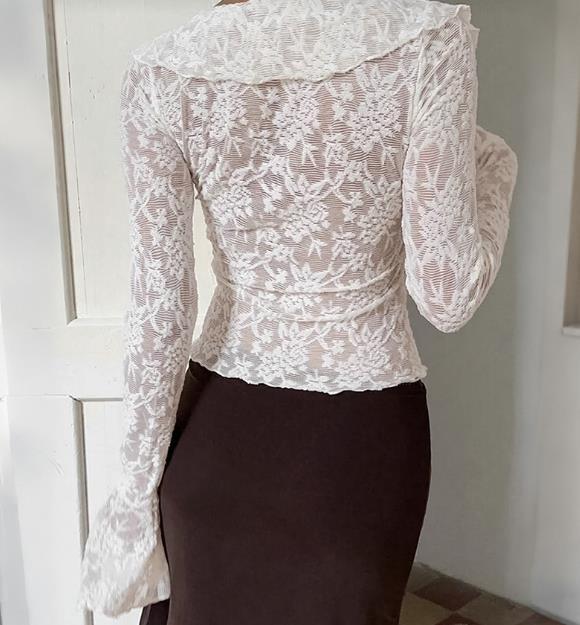 White Lace Hollow Out Ruffle Flared Sleeve Shirt ✨