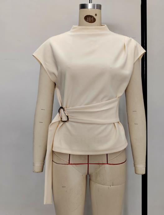 Minimalist Beige Waist Cinched Button Blouse ✨