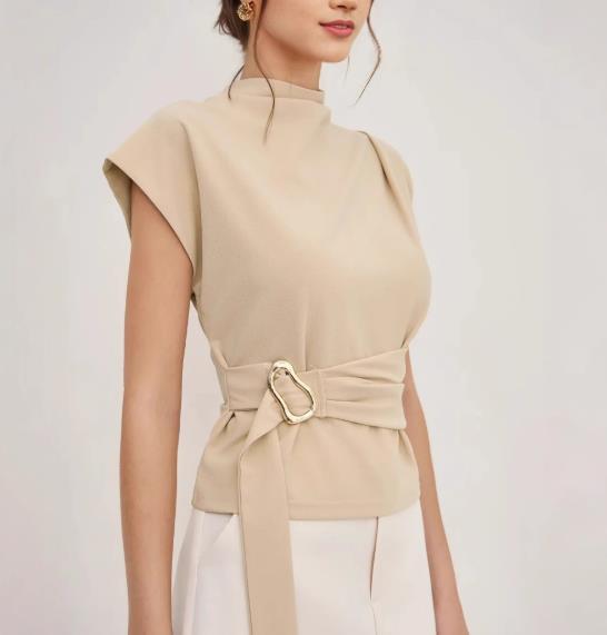 Minimalist Beige Waist Cinched Button Blouse ✨