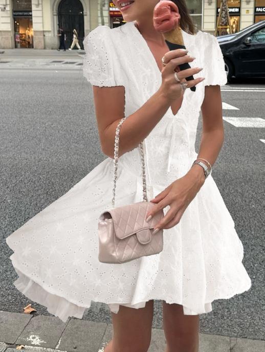🤍 White Hollow Out High Waist A-Line Dress