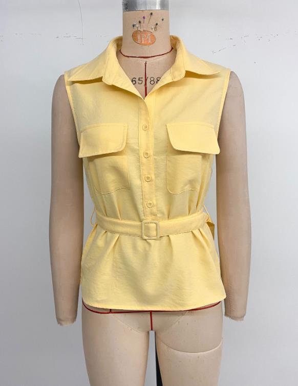Summer Minimalist Yellow Sleeveless Waist-Cinched Blouse ✨