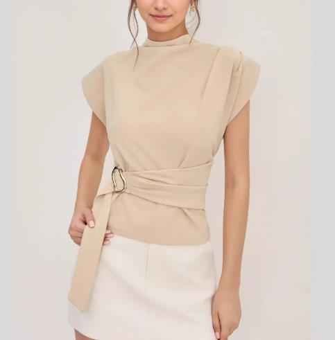 Minimalist Beige Waist Cinched Button Blouse ✨