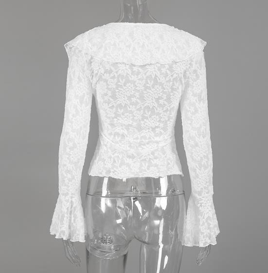 White Lace Hollow Out Ruffle Flared Sleeve Shirt ✨