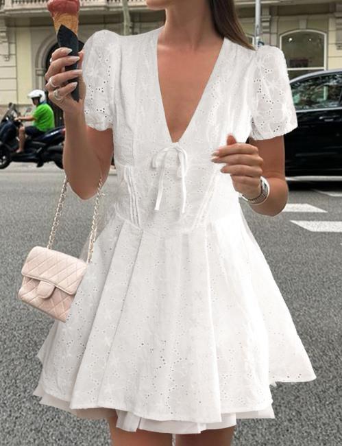 🤍 White Hollow Out High Waist A-Line Dress