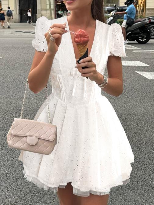🤍 White Hollow Out High Waist A-Line Dress