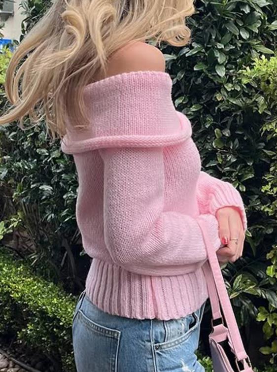 Sweet One Shoulder Pink Woolen Knitted Pullover ✨