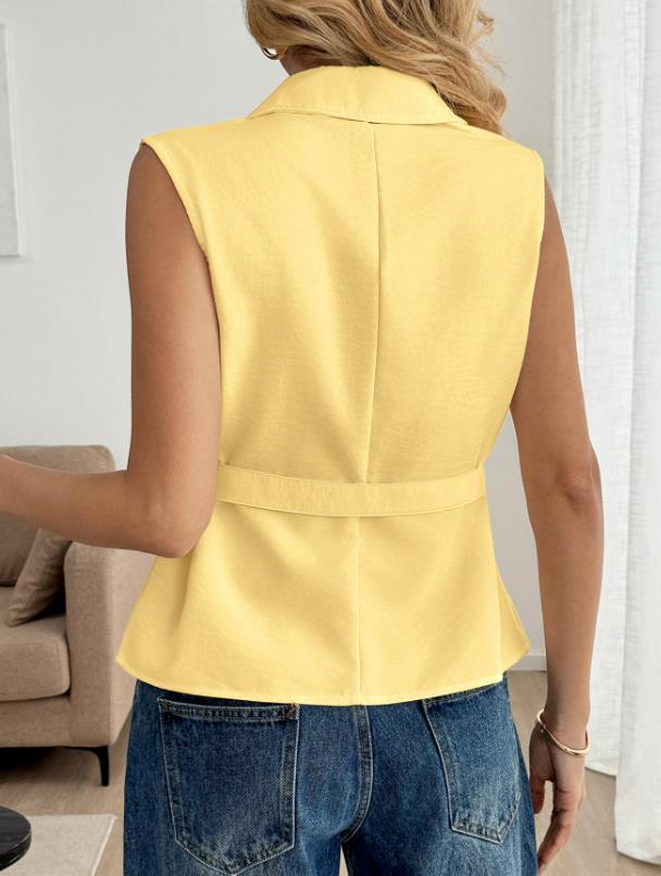 Summer Minimalist Yellow Sleeveless Waist-Cinched Blouse ✨