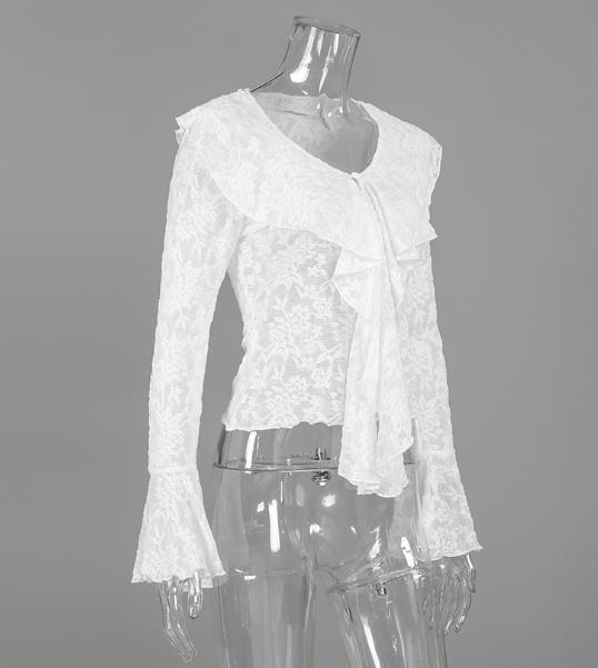White Lace Hollow Out Ruffle Flared Sleeve Shirt ✨