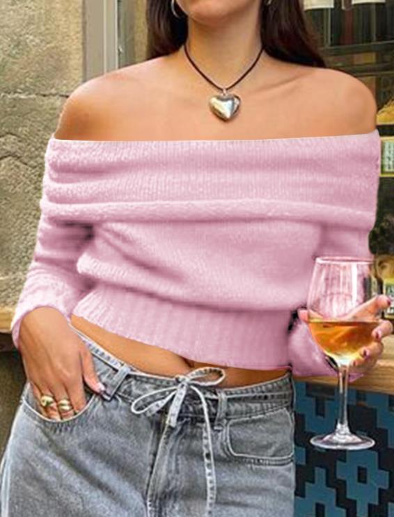 Sweet One Shoulder Pink Woolen Knitted Pullover ✨