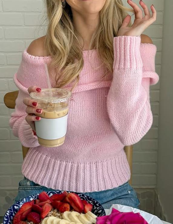 Sweet One Shoulder Pink Woolen Knitted Pullover ✨