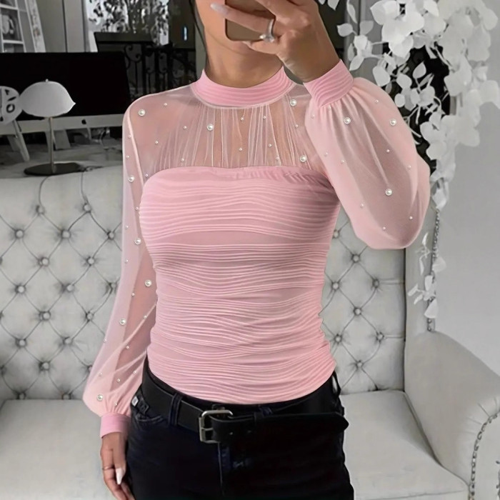 New! Pearl Mesh Splicing Long Sleeve Blouse for Spring & Autumn ✨