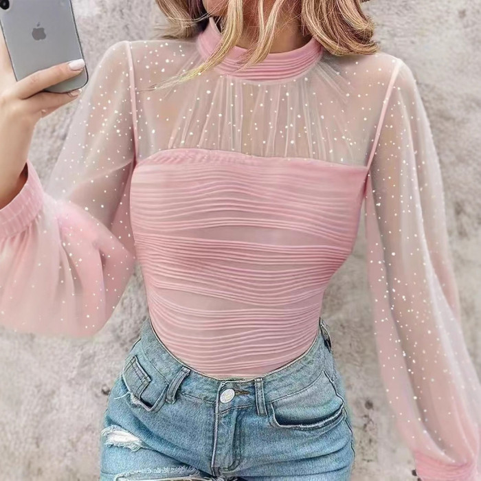 New! Pearl Mesh Splicing Long Sleeve Blouse for Spring & Autumn ✨