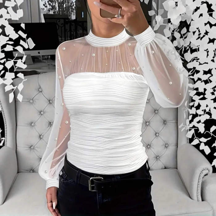 New! Pearl Mesh Splicing Long Sleeve Blouse for Spring & Autumn ✨