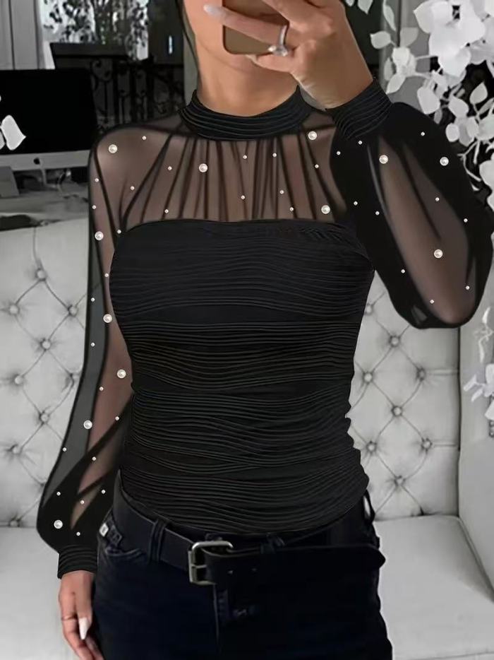 New! Pearl Mesh Splicing Long Sleeve Blouse for Spring & Autumn ✨
