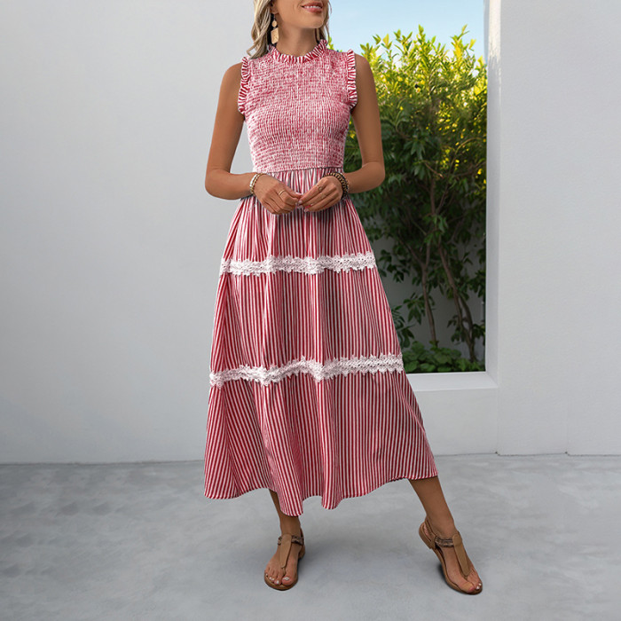 Summer New! Sweet Lace Mushroom Sleeveless Striped Dress ✨