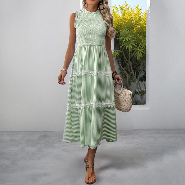 Summer New! Sweet Lace Mushroom Sleeveless Striped Dress ✨