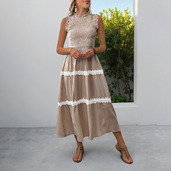 Summer New! Sweet Lace Mushroom Sleeveless Striped Dress ✨